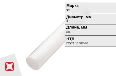 Фторопласт стержневой Ф4 8x60 мм ГОСТ 10007-80 в Кокшетау